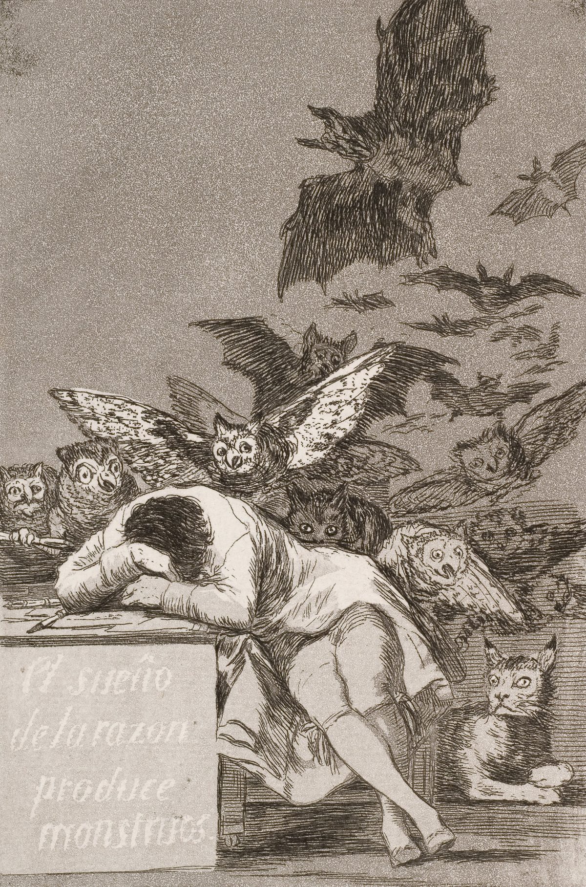 Goya, Francisco de. El sueño de la razón produce monstruos (Capricho nº 43). 1799. Água-forte e água-tinta. Museo del Prado, Madrid. Wikimedia Commons.