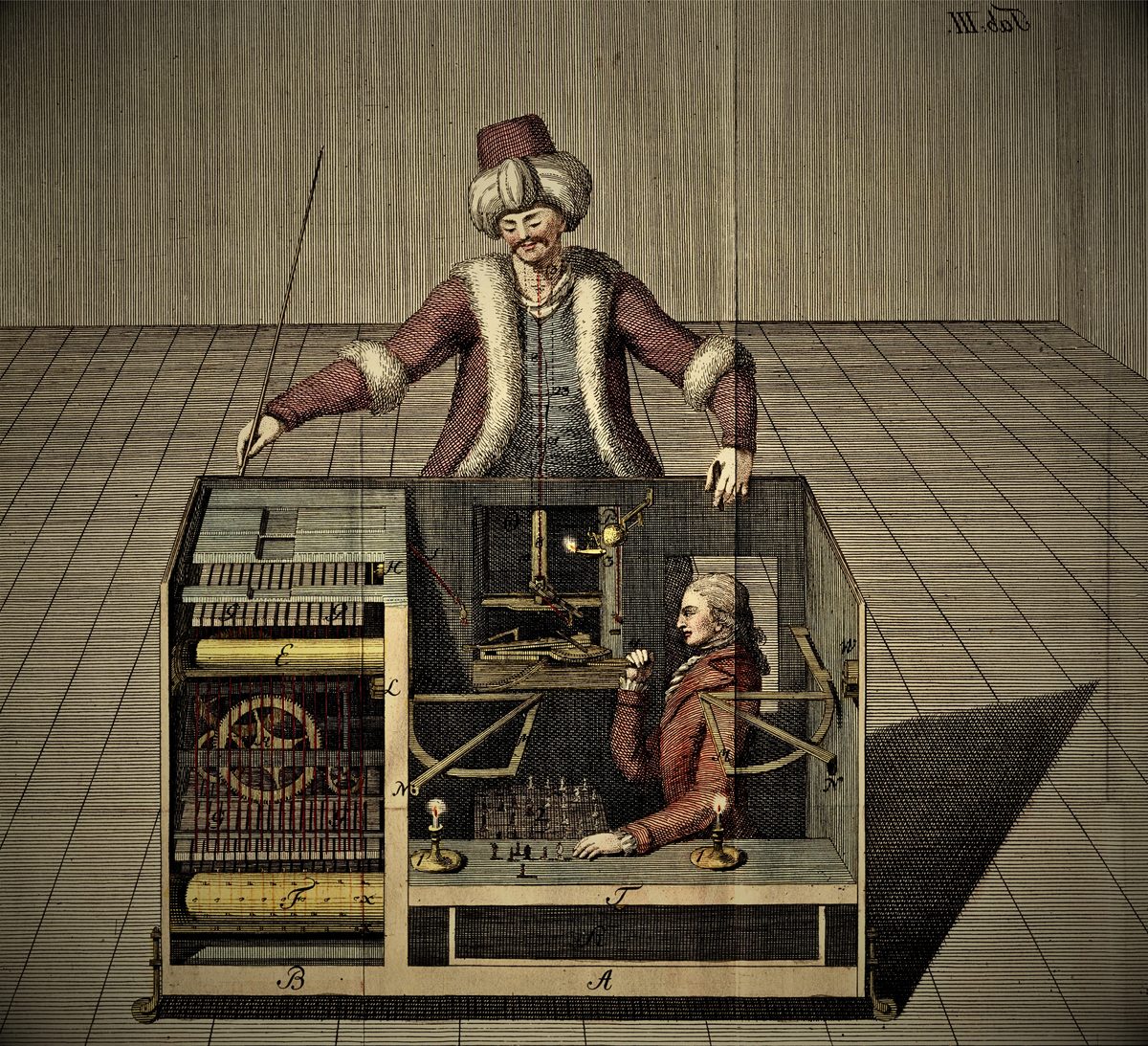 RACKNITZ, Joseph Friedrich Freiherr von. O Turco (Autômato de Kempelen). 1789. Gravura. Autômato de Xadrez.